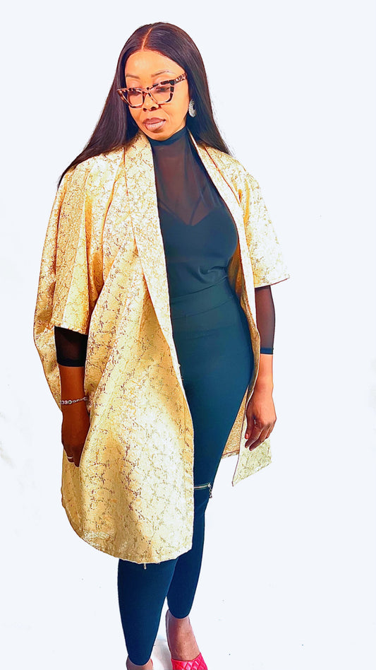 Brocade Shimmer Gold OverSize Jacket Robe Kimono with Loop - One Size - NLECHA