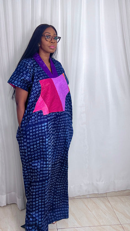 Adire Batik Tye Dye Cotton kaftan BouBou Caftan Shirt dress Summer Beach wear Evening wear maxi gown with slit - 061