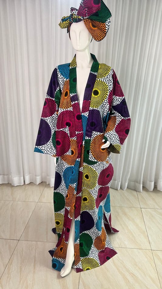 African Print Ankara 100% Cotton Oversize duster Kimono with pockets and scarf - 046 Tall Length