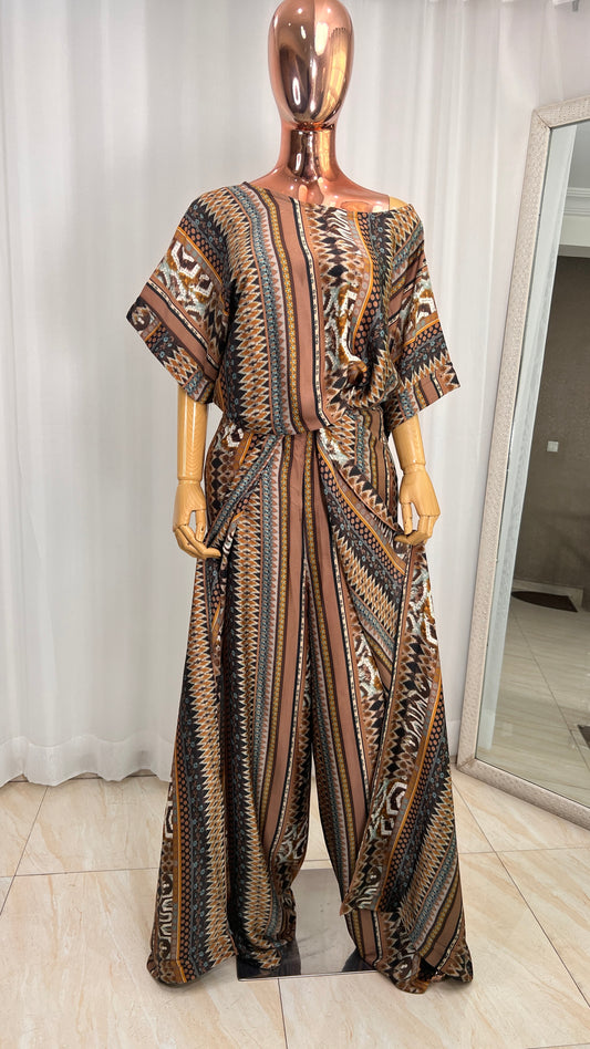 African Print Brown Silk Wrap pant set Summer Party - 078 - Tall Length